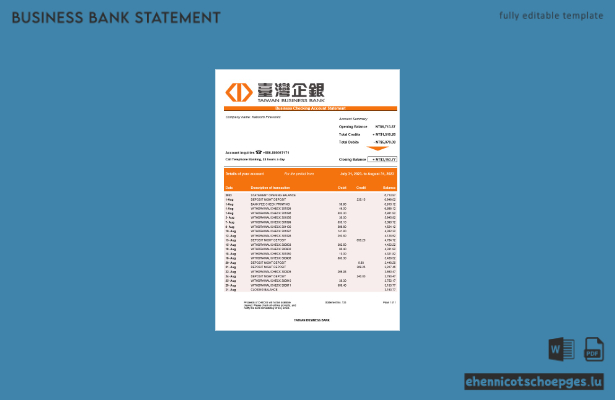 Beispiel eines Kontoauszugs der Taiwan Business Bank (Word- und PDF-Datei)